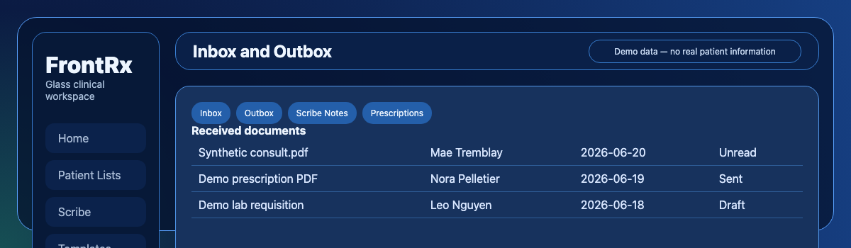 Inbox and Outbox screen with Inbox/Outbox tabs, type filters, and received documents