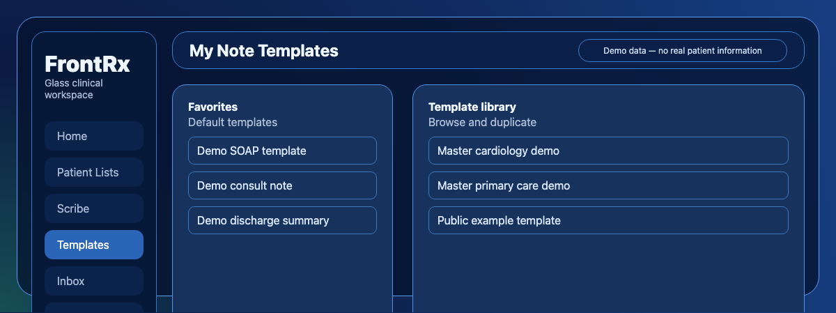 My Note Templates screen with favorites, templates, and New Note Template and Browse Note Templates buttons