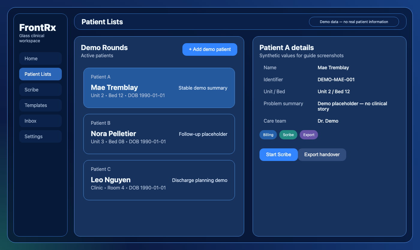Patient list with a patient detail panel open showing demographics, problem summary, and Billing, Scribe, Export actions