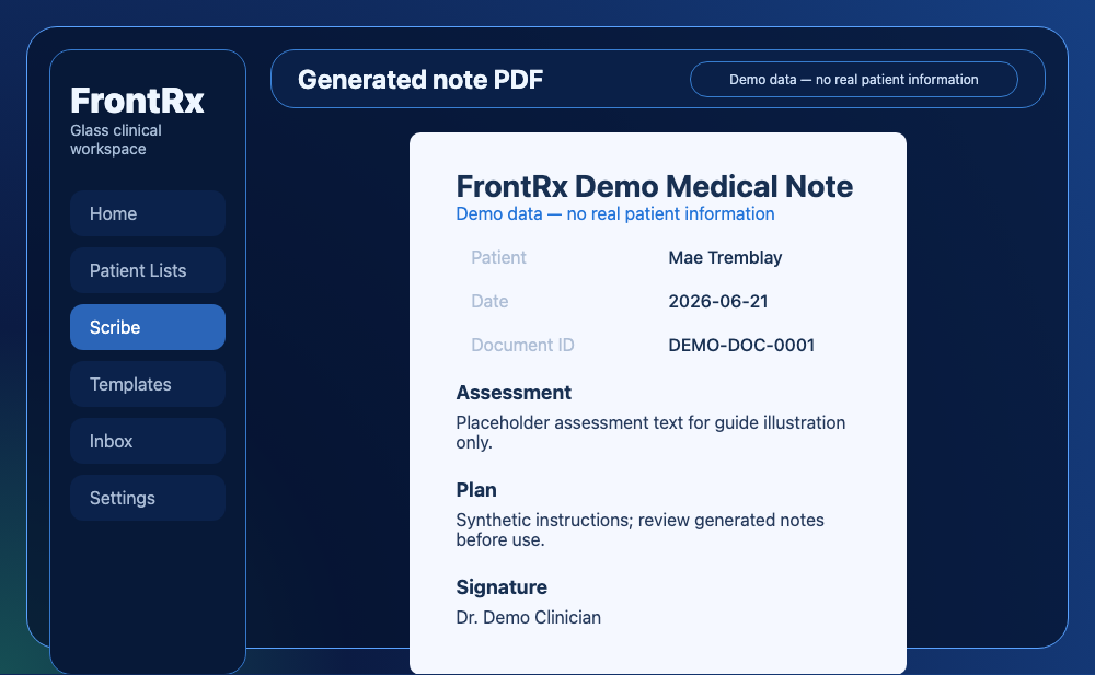 Example of a generated consultation note PDF produced by the FrontRx scribe