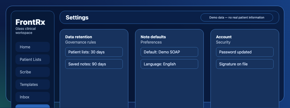 Settings page showing patient list and note retention rules, note defaults, and account settings