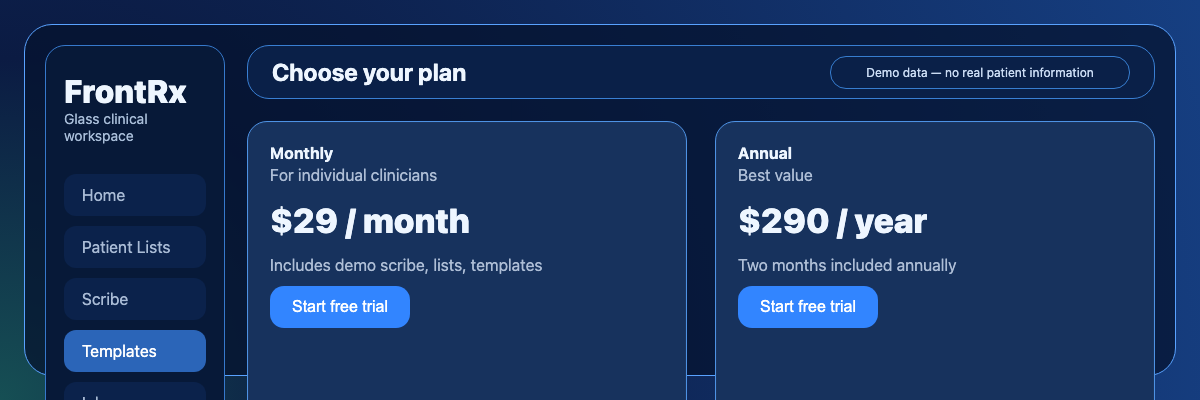 Choose your plan screen with monthly and annual plan options and their features
